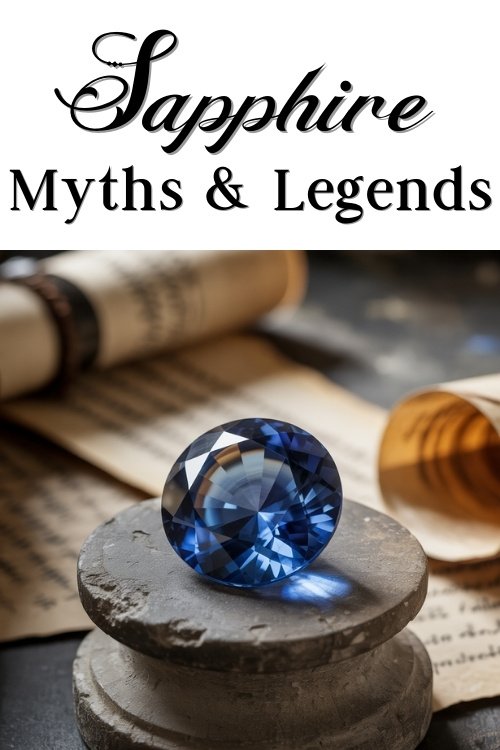 A deep blue sapphire on a stone pedestal, surrounded by ancient scrolls. The text above reads "Sapphire Myths & Legends," evoking mystery and history.