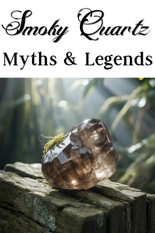 Smoky quartz crystal on a mossy wooden surface, illuminated by soft sunlight. Text above reads "Smoky Quartz Myths & Legends" in elegant font.
