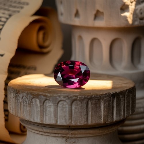 A radiant, deep red spinel gemstone rests on a sunlit stone pedestal, surrounded by ancient, rolled scrolls, evoking a sense of history and elegance.