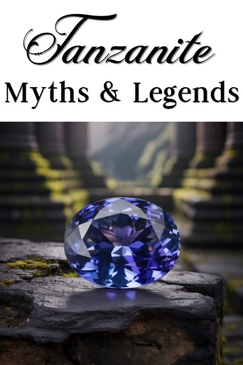 A vibrant tanzanite gemstone rests on moss-covered stone ruins under soft light. The text "Tanzanite Myths & Legends" adds a mystical tone.