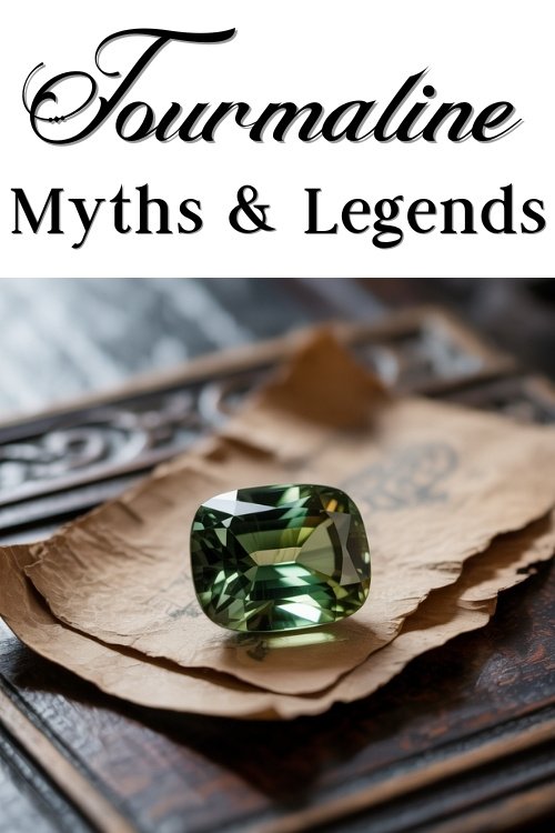 Elegant green tourmaline gemstone on aged paper, atop a decorative surface, conveys mystery and history. Text above reads "Tourmaline Myths & Legends."