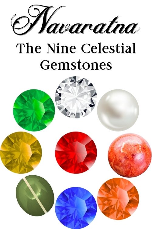 Nine colorful gemstones, titled 'Navaratna: The Nine Celestial Gemstones.' Includes emerald, diamond, pearl, yellow sapphire, ruby, coral, cat's eye, blue sapphire, and hessonite, arranged in a grid showing vibrant hues.