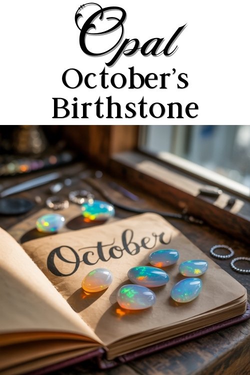 Opals, October's birthstone, sparkle with colorful hues on a wooden table beside an open book displaying "October" in elegant script. Warm, natural light.