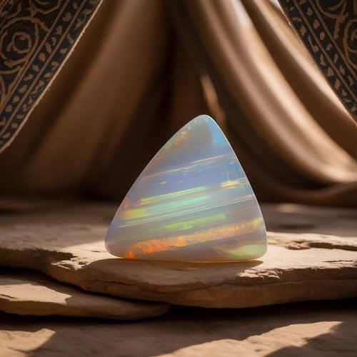 A smooth, triangular opal shines with iridescent blues and oranges, resting on stacked stones. The background features draped, patterned fabric.