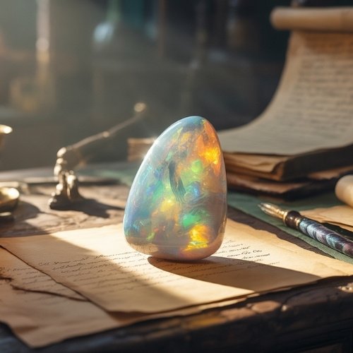 A glowing opal stone sits on a cluttered wooden desk with old letters and a pen, bathed in warm sunlight, creating a magical and nostalgic atmosphere.