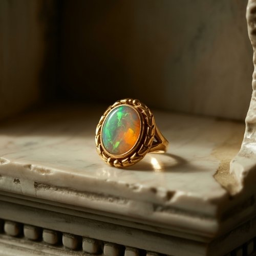 A gold ring with an oval opal stone glows on a marble surface, displaying vibrant green and orange hues. The scene conveys elegance and luxury.