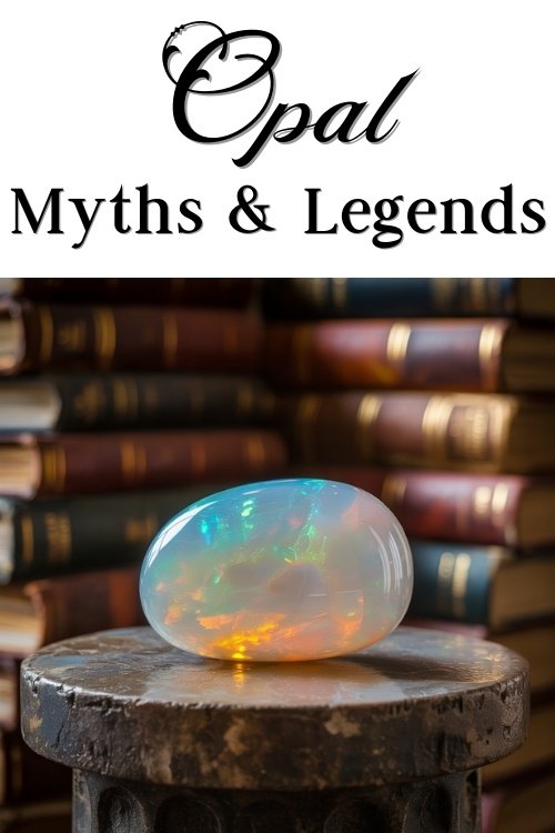 Opal resting on a stone pedestal, glowing with iridescent colors, against a backdrop of vintage books. Text above reads "Opal Myths & Legends."