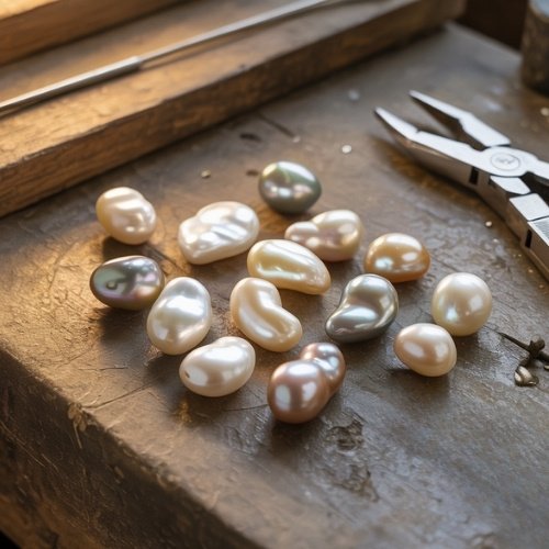 Close-up of assorted baroque pearls in various colors scattered on a rustic wooden workbench with a pair of pliers nearby, evoking creativity and craftsmanship.