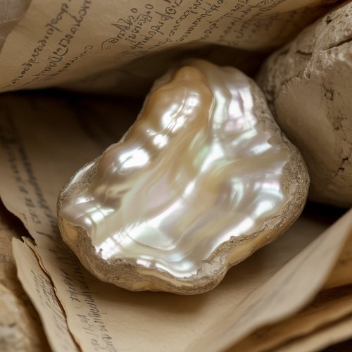 A lustrous, iridescent pearl nestled among aged, yellowed manuscripts and rough textures.