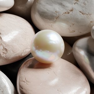 A lustrous pearl rests on smooth, light-toned stones, creating a serene and elegant composition. The soft colors add a sense of calm and sophistication.