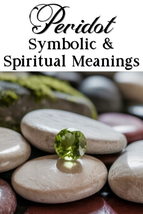A sparkling peridot gemstone rests on smooth stones, surrounded by pebbles and moss. Text above reads "Peridot Symbolic & Spiritual Meanings."
