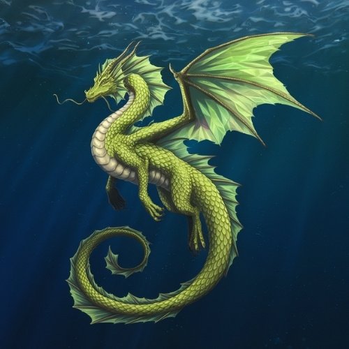 A majestic peridot green sea dragon swims underwater with translucent wings spread wide. The lighting casts a serene, mystical glow in the deep blue ocean.