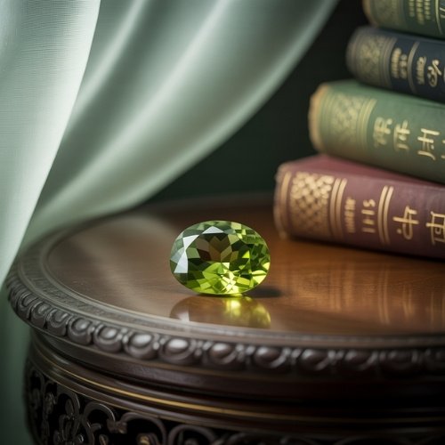 A polished green peridot gemstone rests on an ornate wooden table, surrounded by vintage books with gold detailing. Soft light filters through a curtain.