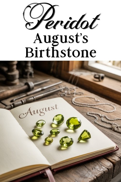 Green peridot gemstones displayed on an open book with 'August' written on the page. A rustic wooden table with tools and chains in the background. Elegant and serene atmosphere.
