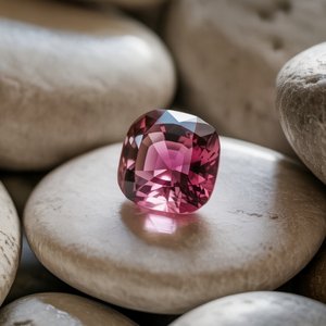 A polished pink tourmaline gemstone sits on smooth white pebbles, reflecting soft light. The scene conveys elegance and tranquility with a touch of luxury.