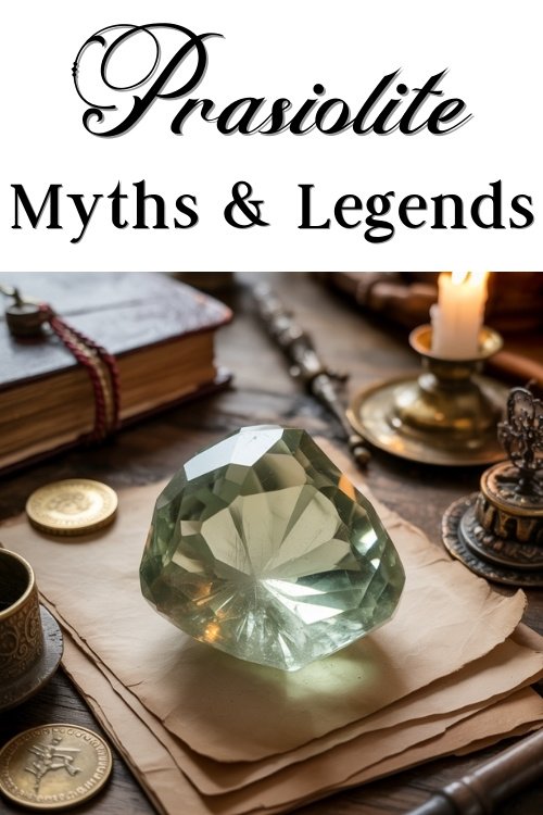 A large, faceted green prasiolite gemstone, prasiolite, sits on parchment with coins, books, and a lit candle nearby, evoking a mystical, historical vibe.