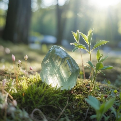 A translucent green prasiolite crystal rests on mossy ground surrounded by small plants and flowers, bathed in soft, ethereal sunlight filtering through trees.