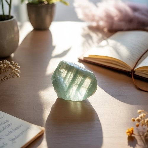 A green prasiolite crystal sits on a sunlit wooden table surrounded by open notebooks and small plants, creating a serene and contemplative atmosphere.