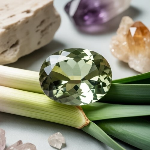 A large green prasiolite gemstone rests on green leaves, surrounded by various crystals. The image conveys a sense of natural beauty and tranquility.
