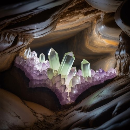 Green and purple crystals in a dark cave glow softly, surrounded by smooth, textured rock formations. The serene light and colors create a mystical atmosphere.