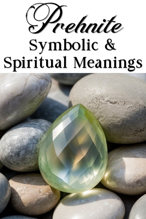 Faceted green prehnite stone resting on smooth gray pebbles. The image is topped with elegant text: "Prehnite Symbolic & Spiritual Meanings."