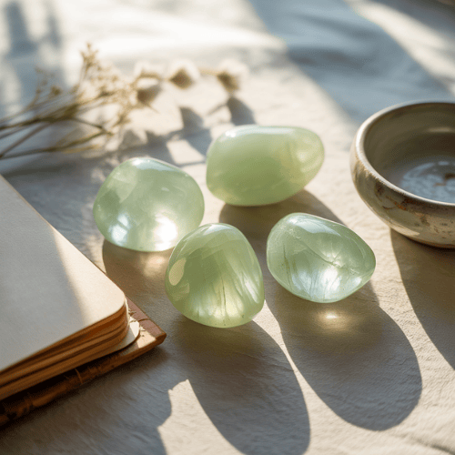 Four smooth, green prehnite stones on a sunlit surface beside an open notebook, dried flowers, and a ceramic bowl, creating a serene, calming atmosphere.