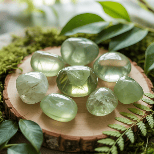 Smooth green prehnite gemstones on a wooden slab, surrounded by lush green leaves and moss, convey a tranquil, natural setting.
