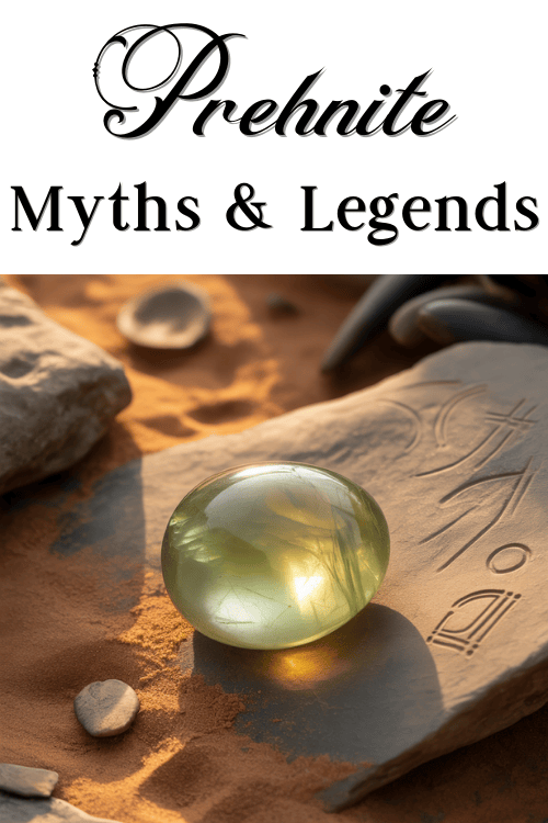 A polished, green prehnite stone sits on a sand-covered surface with carved symbols, evoking a mystical feel. Text above reads "Prehnite Myths & Legends."
