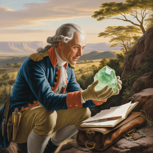 A man in 18th-century attire admires a large green prehnite crystal, crouched by a cliff edge at sunset. Open journal and leather satchel beside him, landscape in the background.