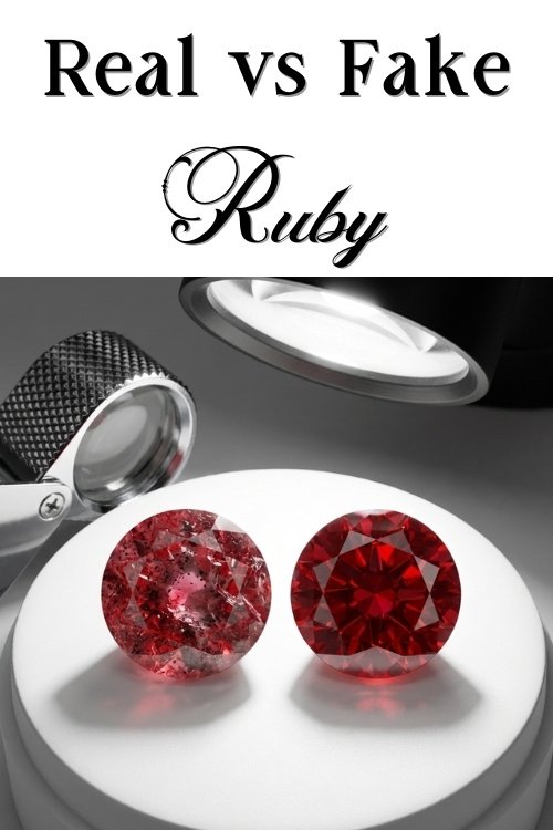 Two round rubies are displayed under a bright light. The left ruby has visible inclusions, while the right is clear and vibrant. A magnifying glass is nearby. Text above reads "Real vs Fake Ruby."
