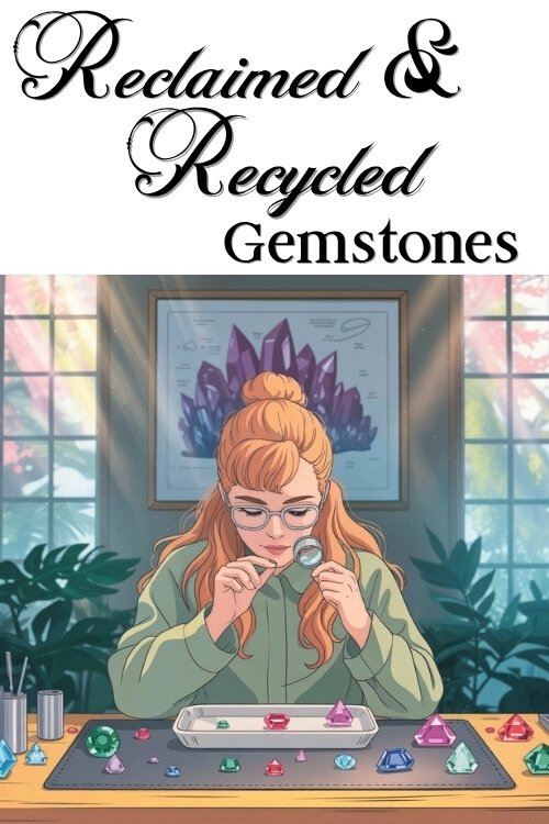 A red-haired woman inspects gemstones with a loupe at a table. Background includes large window, plants, and a framed gemstone poster. Text reads "Reclaimed & Recycled Gemstones."