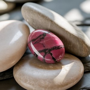 A smooth, polished pink Rhodonite stone with black veins rests on light brown, oval pebbles. Sunlight casts soft shadows, creating a serene, natural atmosphere.