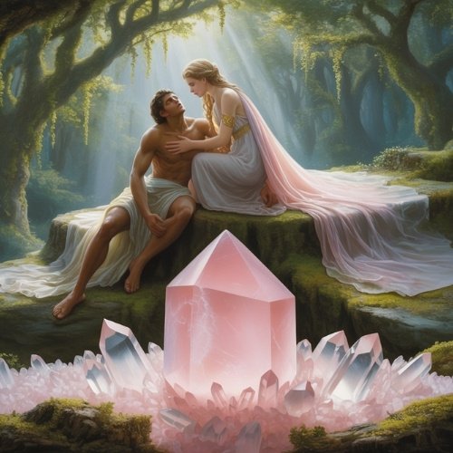 A man and greek goddess, dressed in ancient attire, sit affectionately on a mossy rock in a sunlit forest. A large pink rose quartz crystal rests nearby, surrounded by smaller crystals.