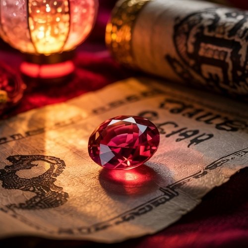 A sparkling red ruby gemstone rests on an aged manuscript, illuminated by warm, soft light from nearby lanterns. The scene conveys a sense of mystery and antiquity.