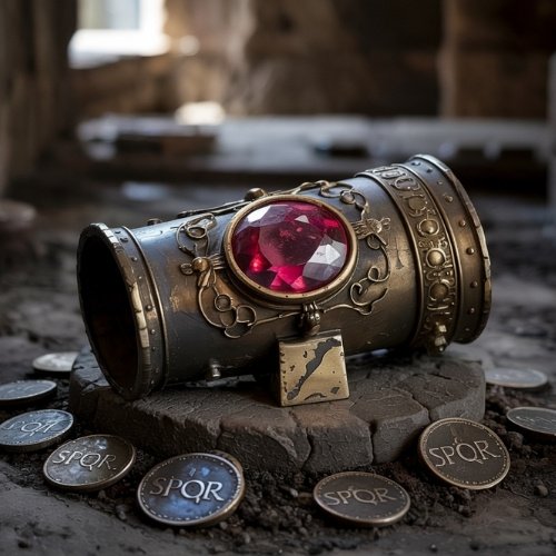 Ancient, ornate arm guard with a large red ruby gem in a Roman ruin setting, surrounded by coins marked "SPQR." The atmosphere is mysterious and historical.