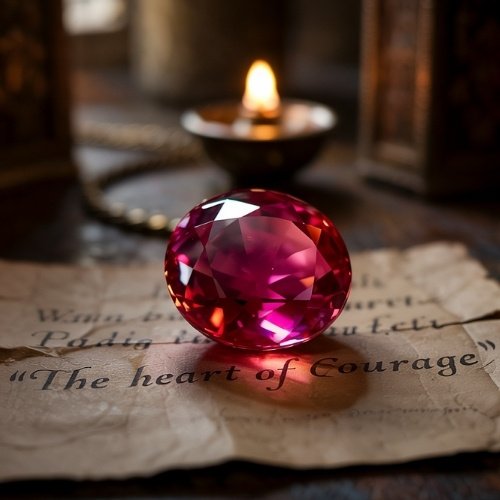 A large, faceted red gem lies on aged paper with the words "The heart of Courage." A lit candle in the background casts a warm glow, evoking a mysterious, antique ambiance.