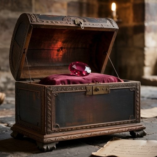 An ornate wooden chest with an open lid displays a large red ruby gemstone on a velvet cushion. A lit candle casts a warm glow in the stone-walled room.