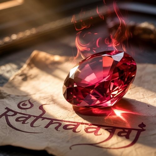 A radiant red ruby gem rests on aged paper with decorative text. Sunlight catches the jewel, creating a mystical glow and a calm, enchanting atmosphere.
