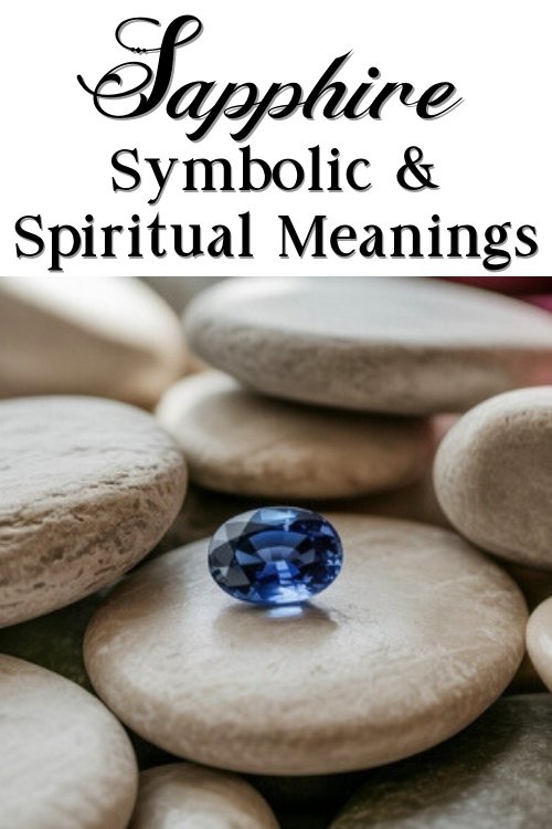 Blue sapphire gemstone on smooth pebbles with elegant text "Sapphire Symbolic & Spiritual Meanings." Calm and contemplative atmosphere.