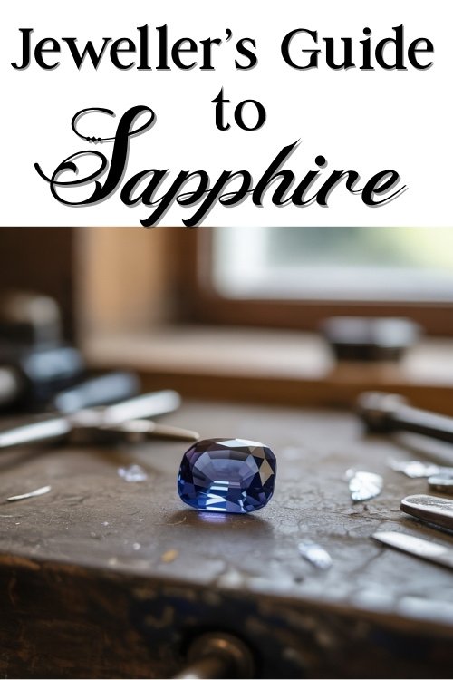 A polished blue sapphire sits on a jeweler's workbench surrounded by tools. Above, text reads "Jeweller's Guide to Sapphire" in elegant font.