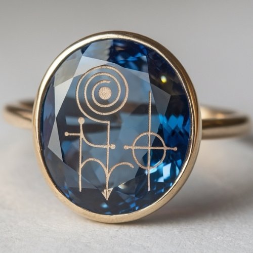 A gold ring with an oval blue sapphire gemstone featuring intricate line engravings, including spirals and geometric shapes, on a soft gray background.