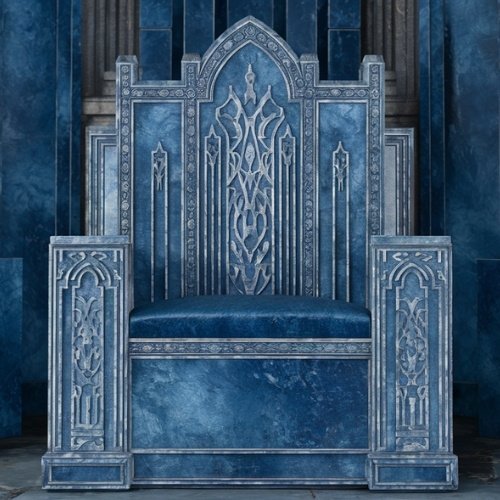 A regal sapphire throne with ornate silver patterns, featuring intricate geometric and floral designs, set against a matching blue and silver backdrop.