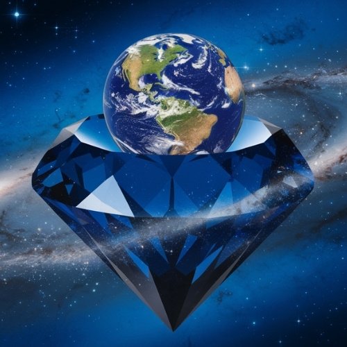 Earth resting atop a large, blue sapphire against a cosmic backdrop of stars and galaxies, conveying a sense of wonder and vastness in space.