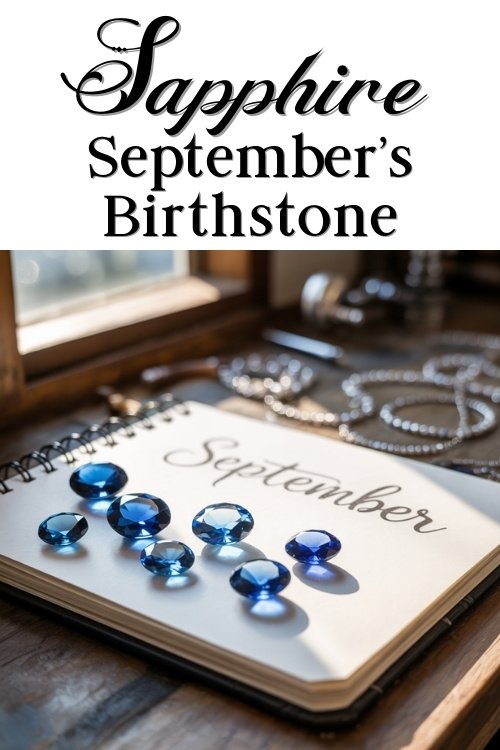 Sapphire gems displayed on an open notebook page titled "September" near a sunny window, symbolic of September's birthstone. Elegant and serene atmosphere.