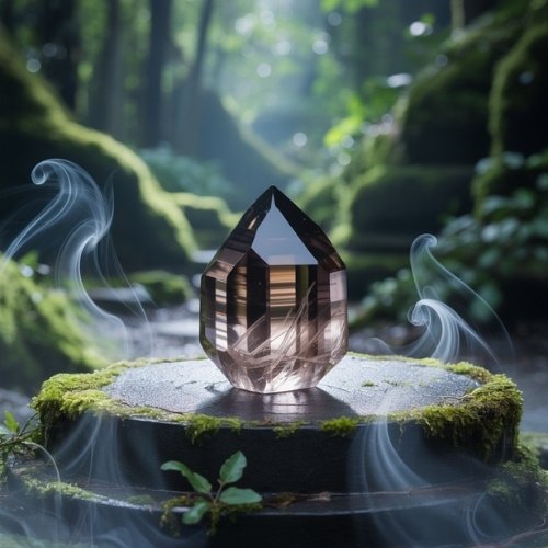 A mystical smoky quartz crystal sits on a moss-covered tree stump in a dimly lit forest. Wisps of smoke swirl around, creating an enchanting, magical atmosphere.
