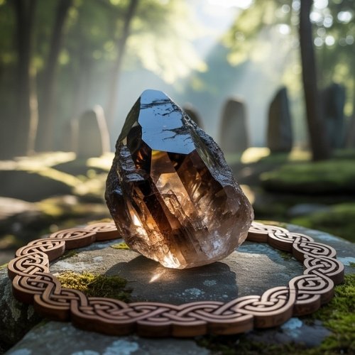 A large smoky quartz crystal sits on mossy stone, surrounded by an intricate celtic wooden circle. Sunlight filters through a serene forest, casting a mystical glow.