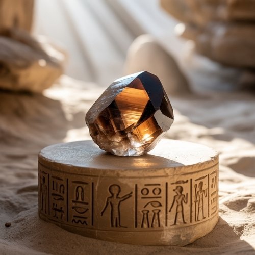 A large, faceted smoky quartz gemstone sits on a round pedestal adorned with hieroglyphics in a sunlit, sandy environment, evoking an ancient, mystical atmosphere.