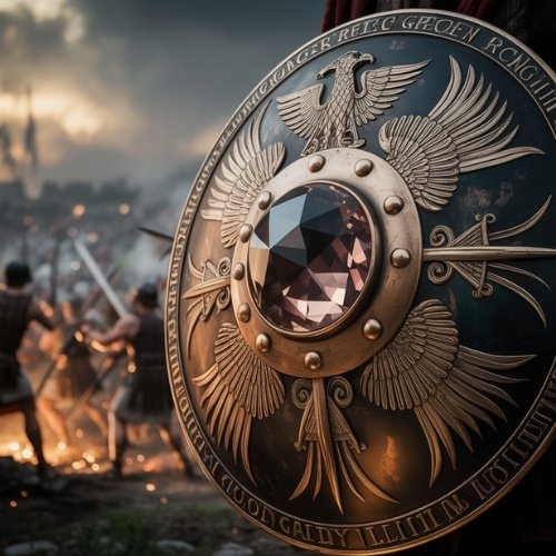 A decorated shield with an eagle emblem and central smoky quartz gemstone is in focus. Warriors in armor battle in the blurred background amid smoke and fire.