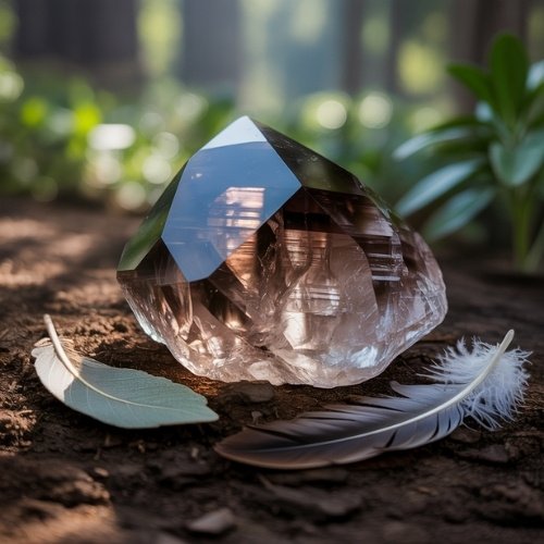 A smoky quartz crystal sits on forest soil, surrounded by a grey and white feather. Sunlight filters through trees, casting a serene, mystical glow.