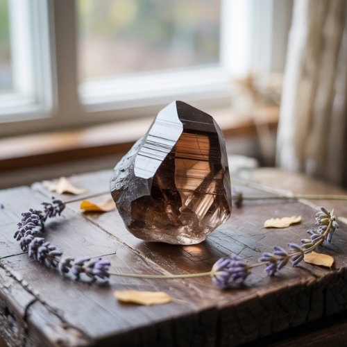 A smoky quartz crystal sits on a wooden surface, surrounded by a partial lavender wreath and dried leaves, with soft natural light from a nearby window.